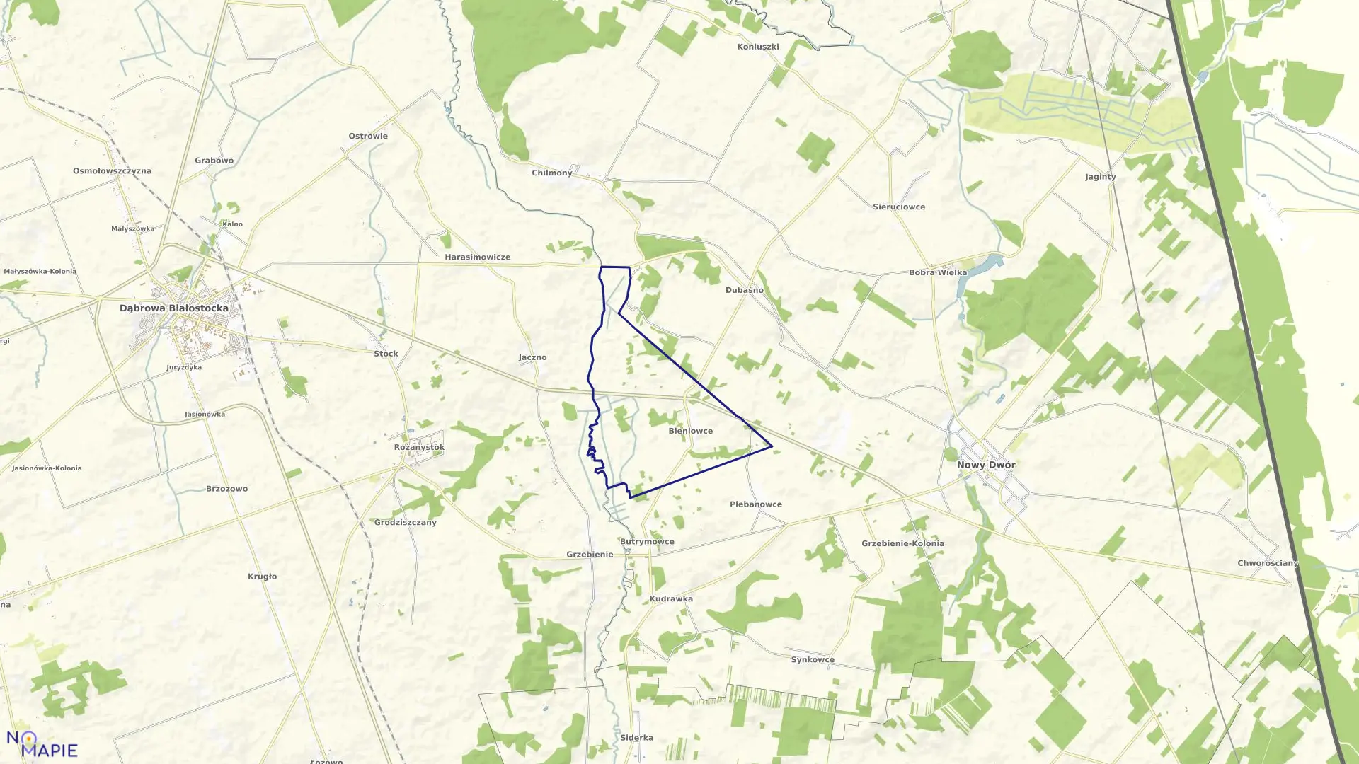 Mapa obrębu BIENIOWCE w gminie Nowy Dwór