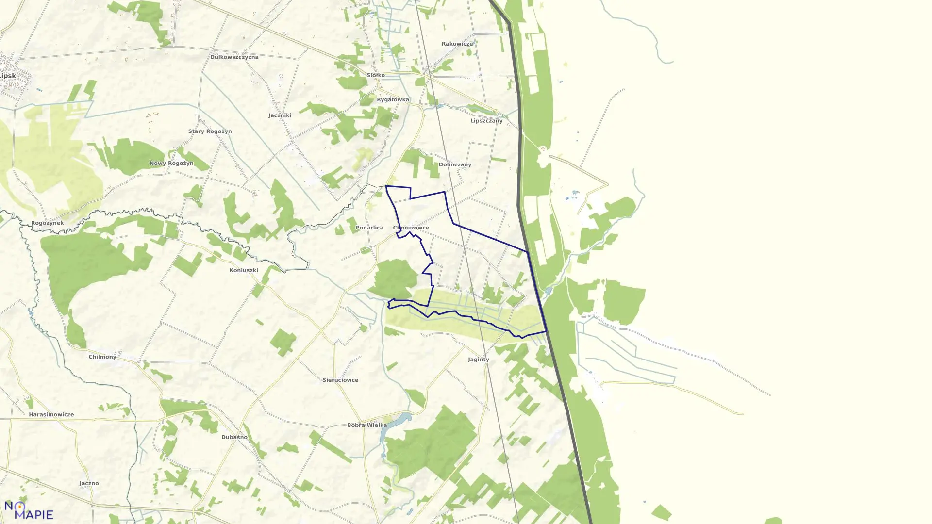Mapa obrębu CHORUŻOWCE w gminie Nowy Dwór